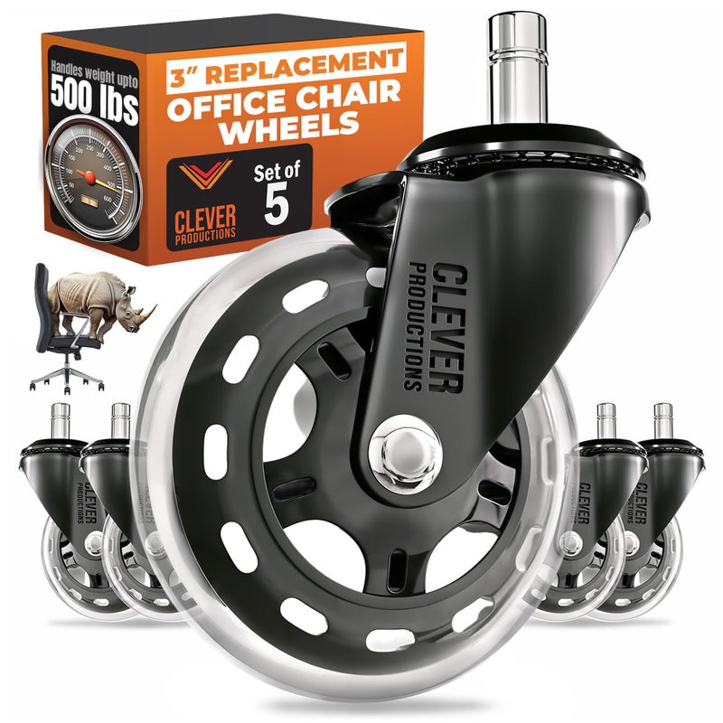 Clever Productions Replacement Office Chair Wheels (3" Set of 5) - Smooth & Quiet Rolling Heavy Duty 98% Universal Fit Caster Wheels for Office Chair - Desk Chair Wheels Clear for Hardwood Tile Vinyl Floors & Carpet - Image 1
